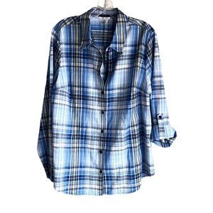 NWT Allison Daley Women's Plaid Shirt Size 16 Blue Lace Trim Roll Up Tab Stretch